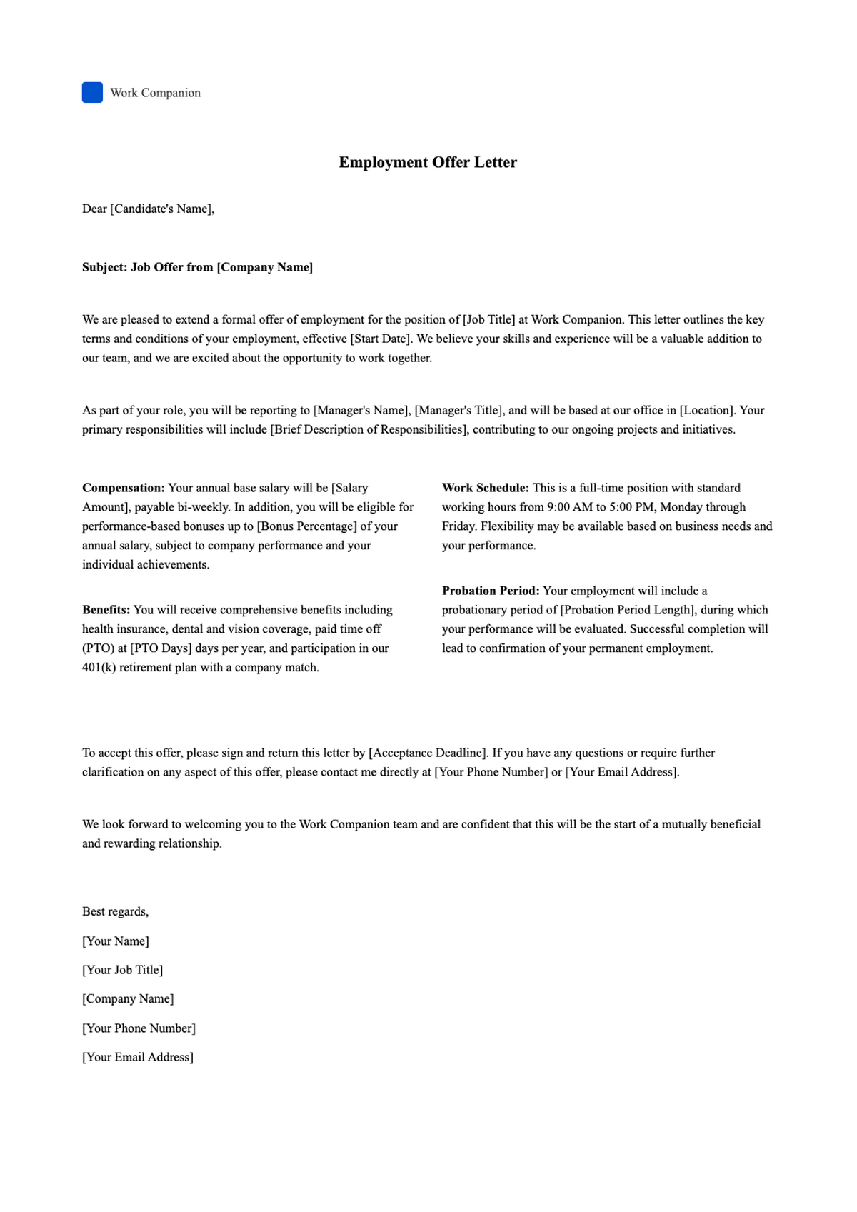 Professional job offer letter email template with placeholder fields_variant_2